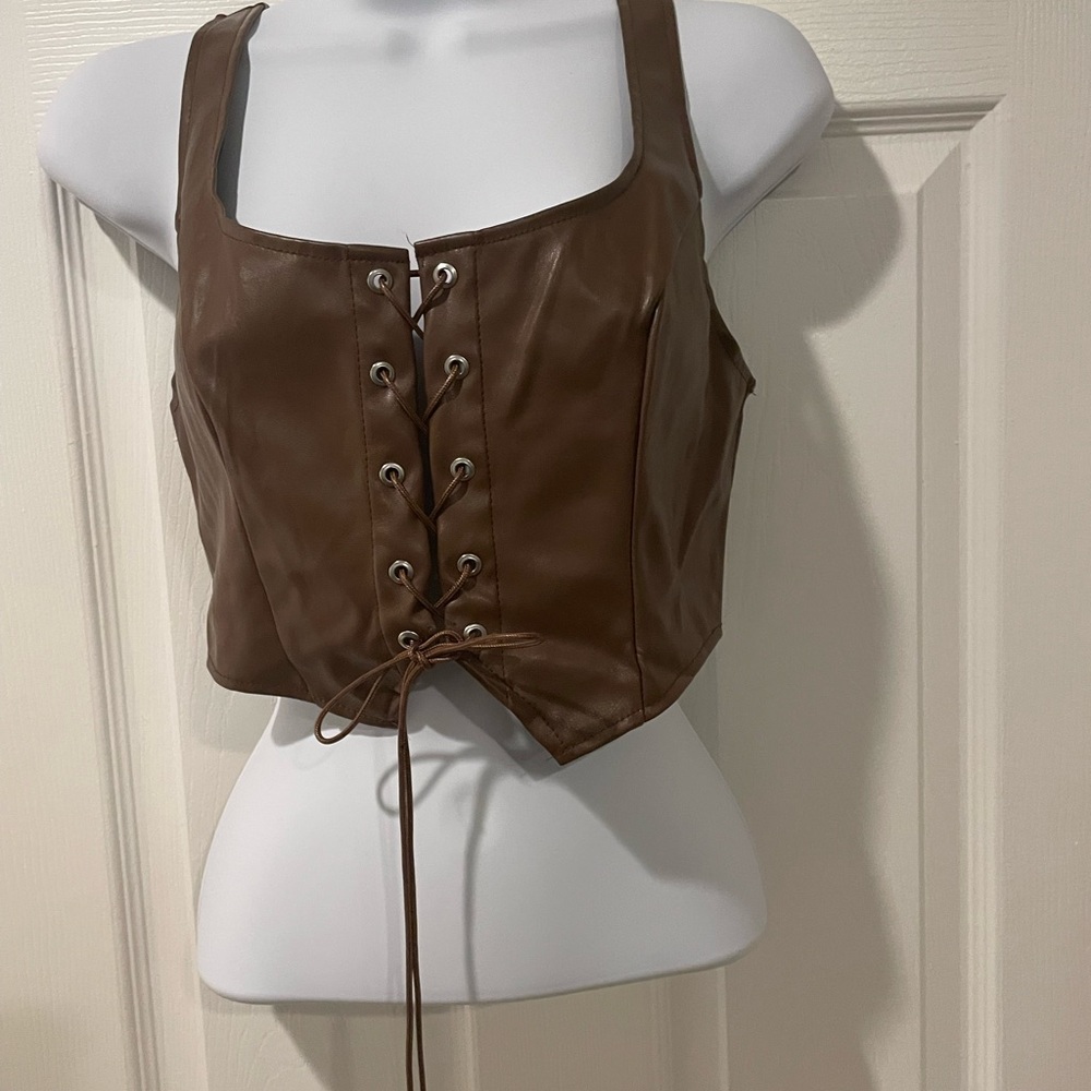 Shein mod brown PU leather lace up crop top